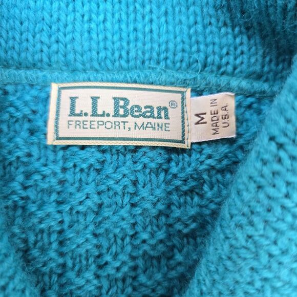 Vintage LL Bean Wool Sweater Mens Size M Teal Shawl Collar Fishermen's USA - Picture 6 of 9